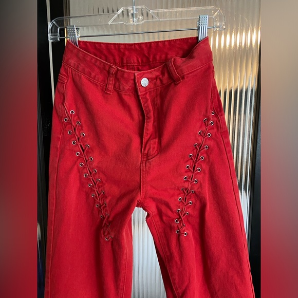 Red denim lace up jeans - Picture 1 of 3